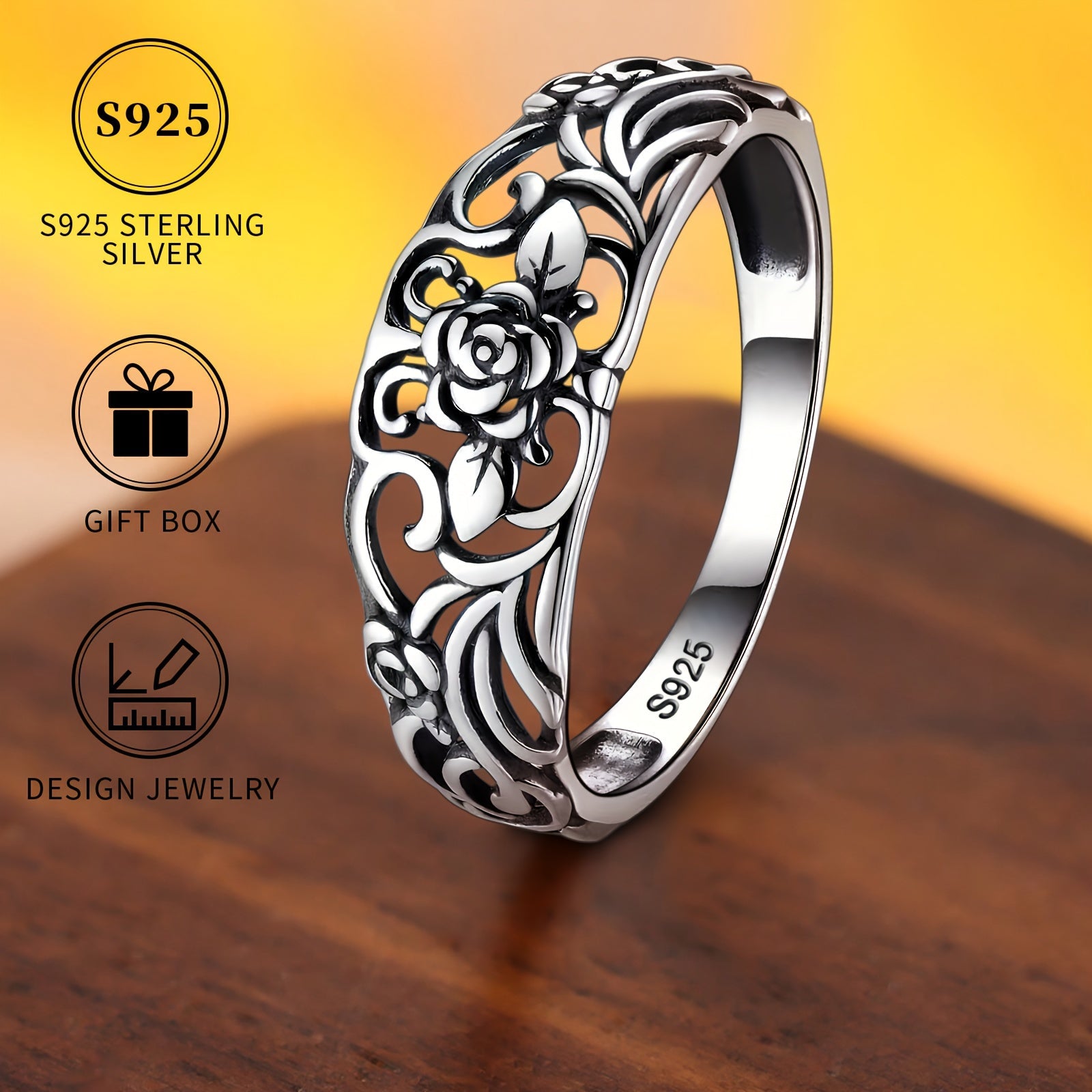 Vintage Rose Silver Ring 14K Gold Plated Engagement Wedding Jewelry for Women