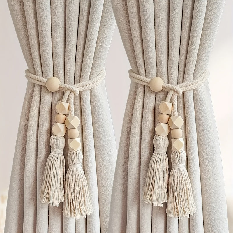 Set of 2 Bohemian Wooden Bead Curtain Tiebacks with Tassels for Living Room and Bedroom