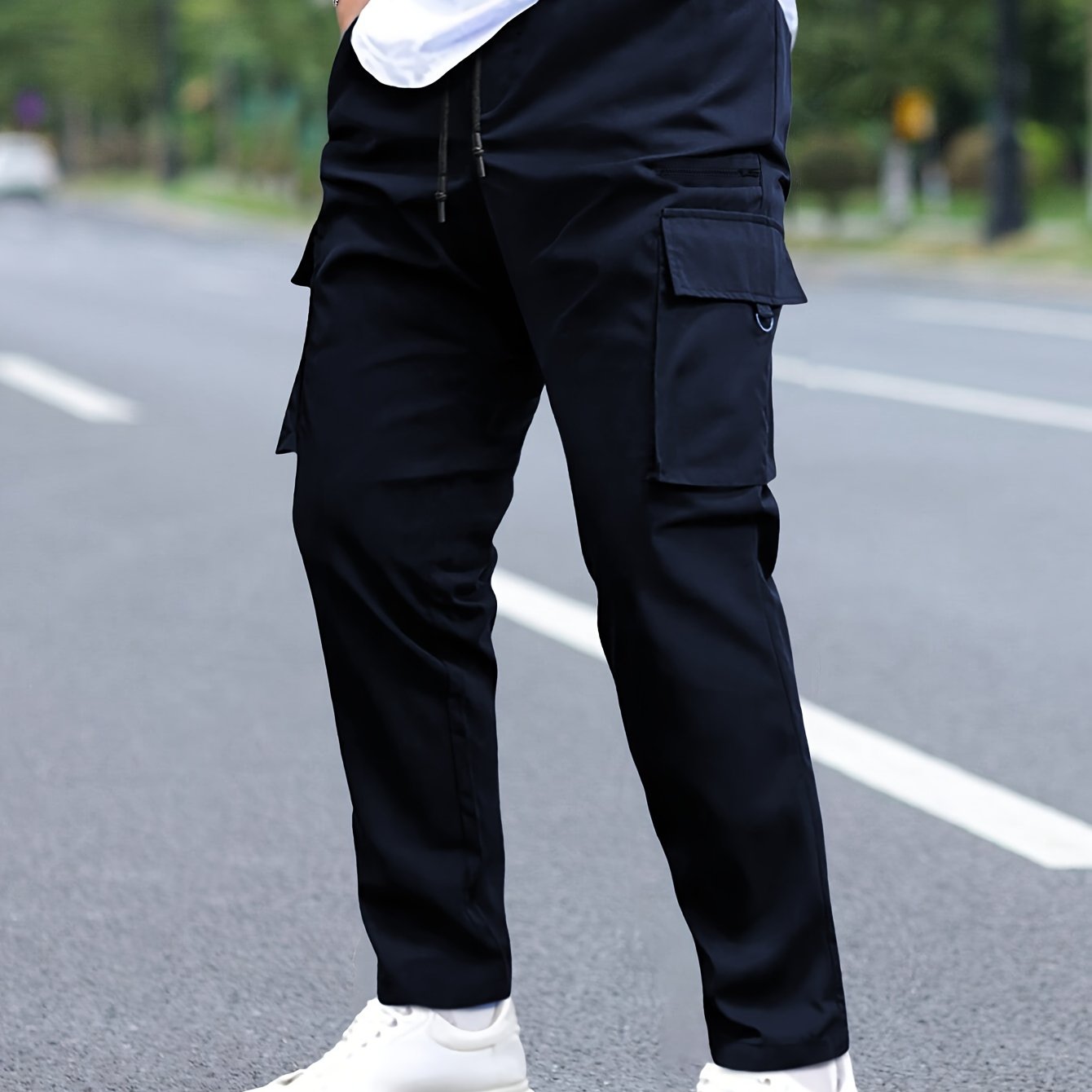 Men's Cargo Pants with Multiple Pockets Drawstring Waist Solid Polyester All-Season Street Style