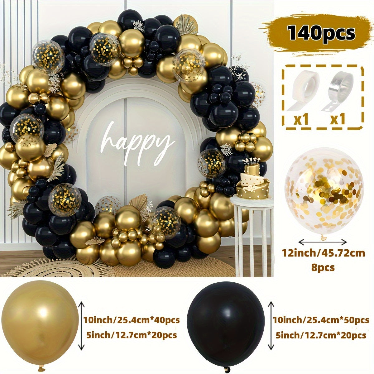 140pcs Black and Gold Latex Balloon Garland Kit for Celebrations