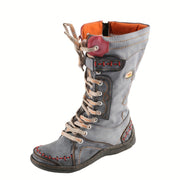 Women's Leather Fleece Lined Color-Blocking Hiking Boots Non-Slip Mid-Calf