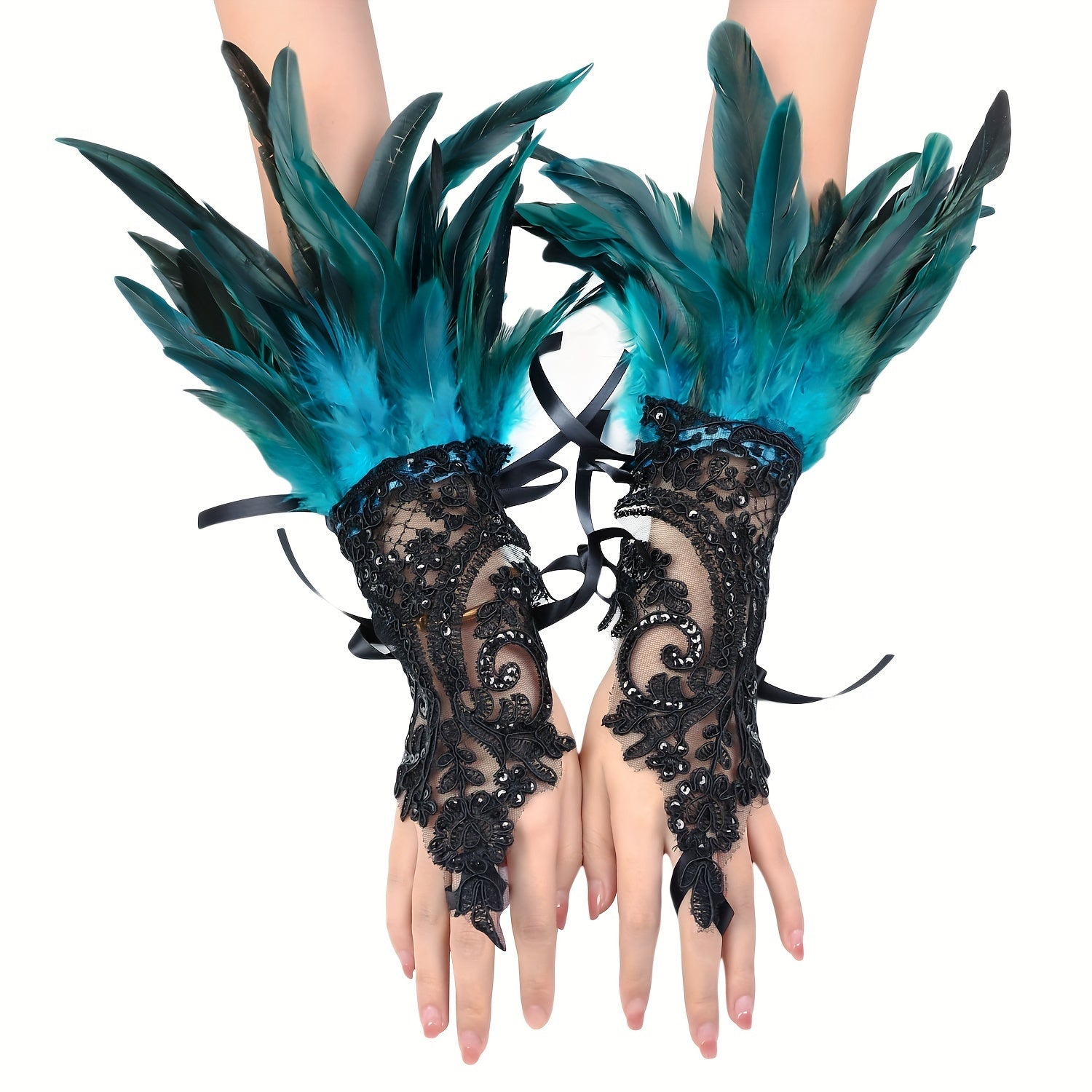 Gothic Lace Gloves with Faux Feathers Sequins and Lace-Up Hooks for Halloween