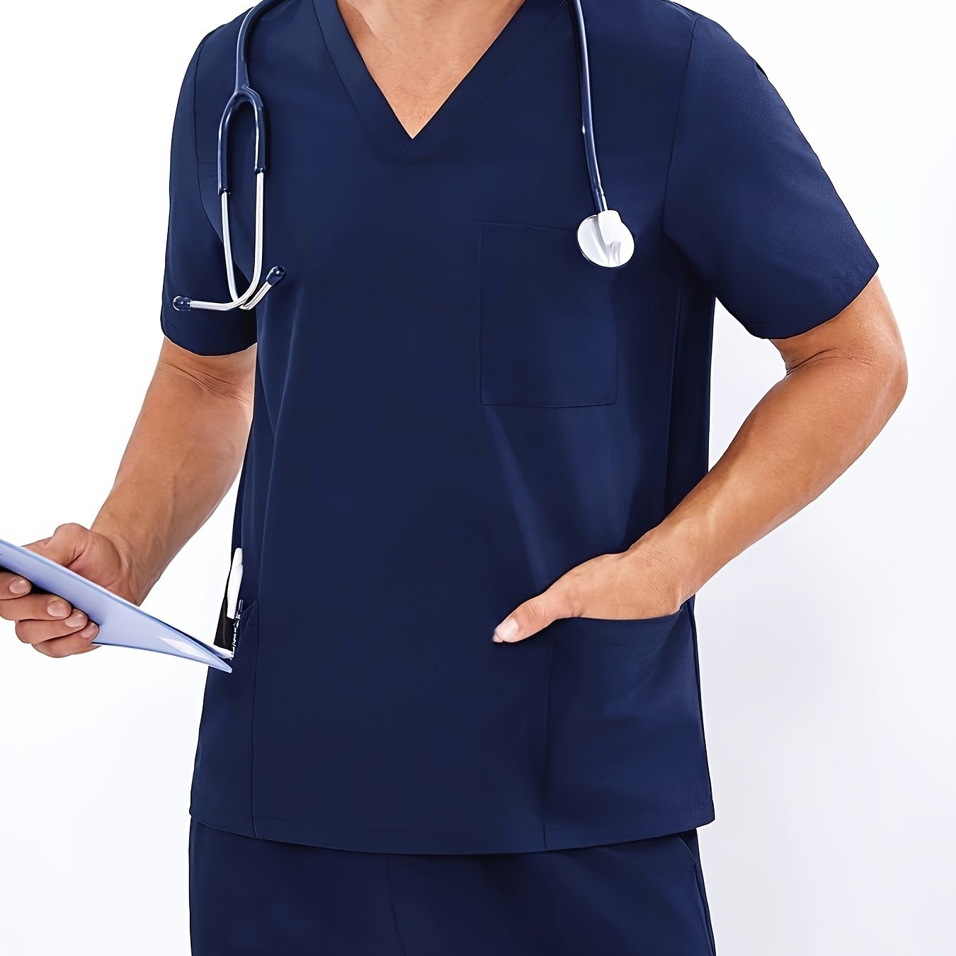 Men's Summer V-Neck Workwear Set Short Sleeve Shirt Pants Polyester Solid