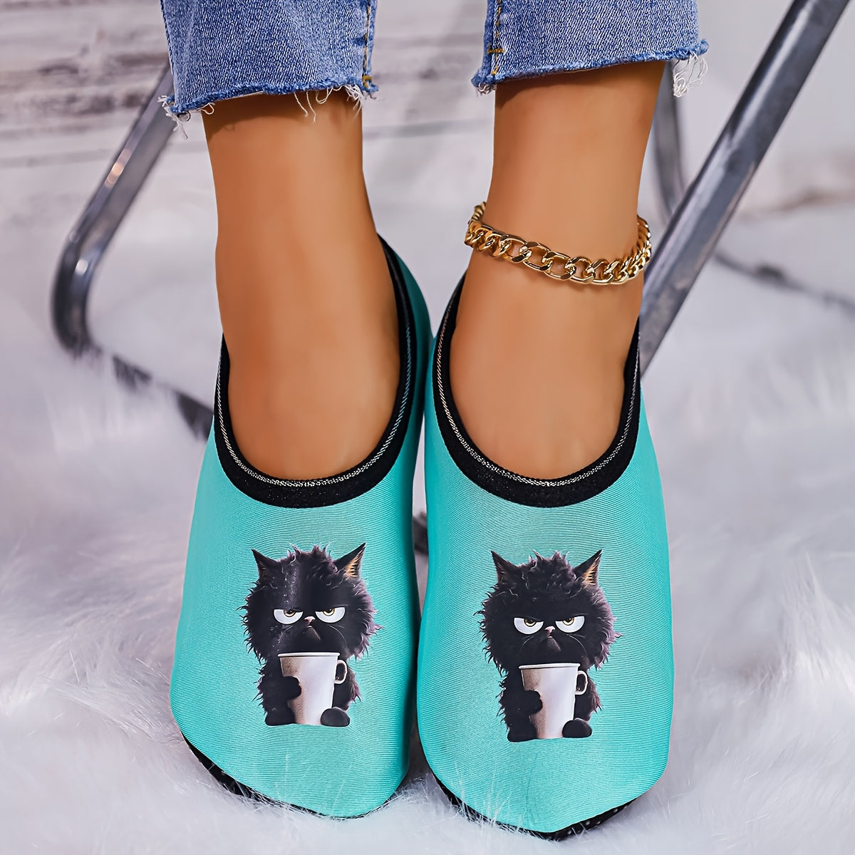 Women's Indoor Slippers Soft Fabric Cat Print Cozy House Footwear