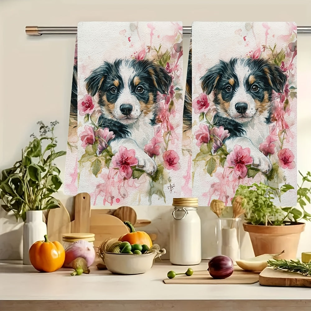 Two Pieces Kitchen Towels Pink Roses Puppy Design Absorbent Quick-Dry