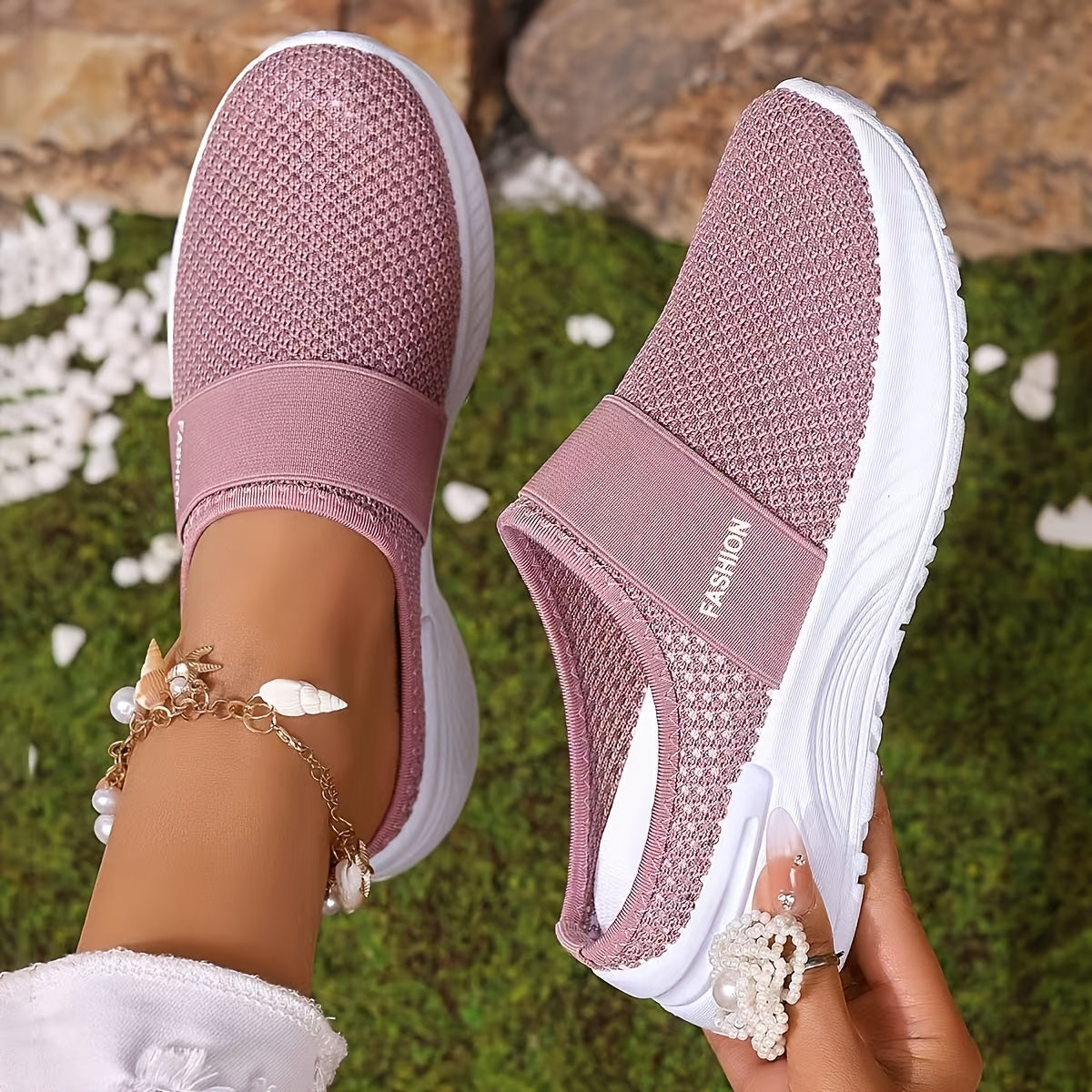 Women's White Slip-On Casual Sneakers Breathable Mesh Lightweight Comfort