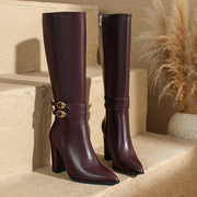 Женские ботинки из искусственной кожи до колена на каблуке-столбике, с заостренным носком, противоскользящей подошвой