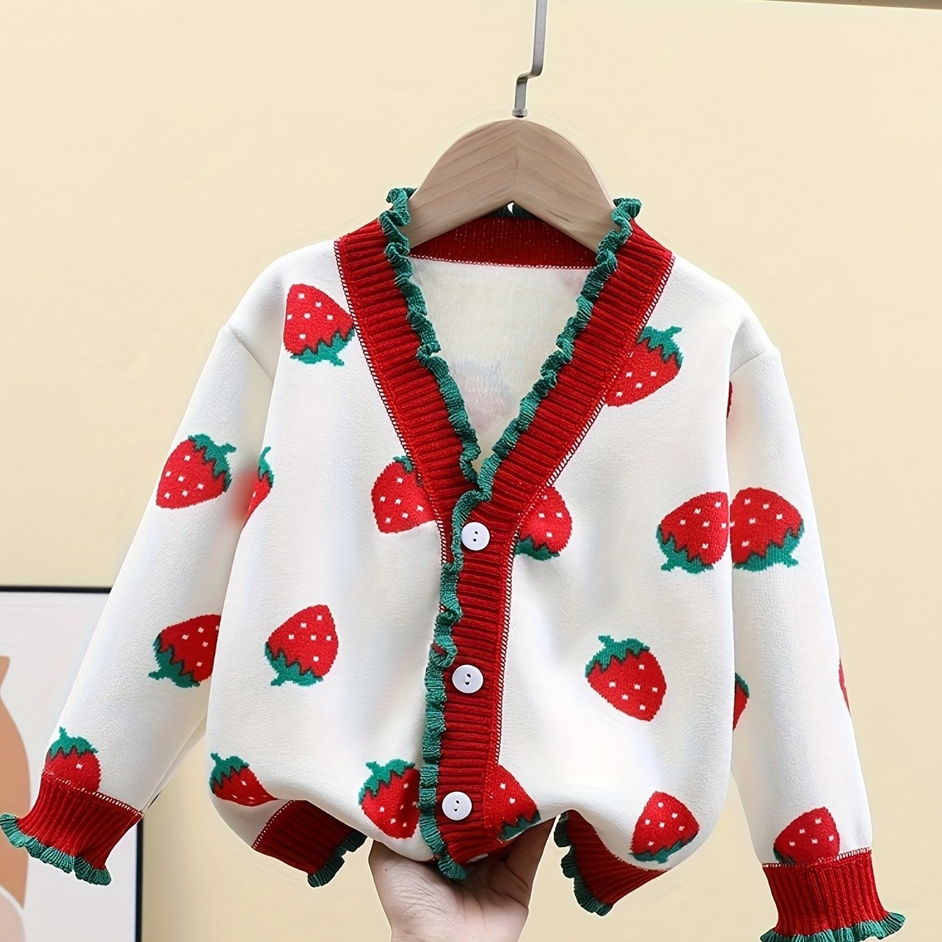 Kids Girls Knitted Cardigan with Strawberry Print Polyester Crew Neck Fall Winter