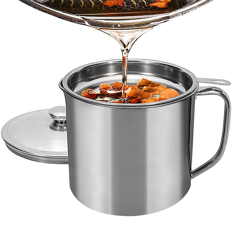 Stainless Steel Oil Storage Container with Strainer 43.96oz Kitchen Filtration Pot