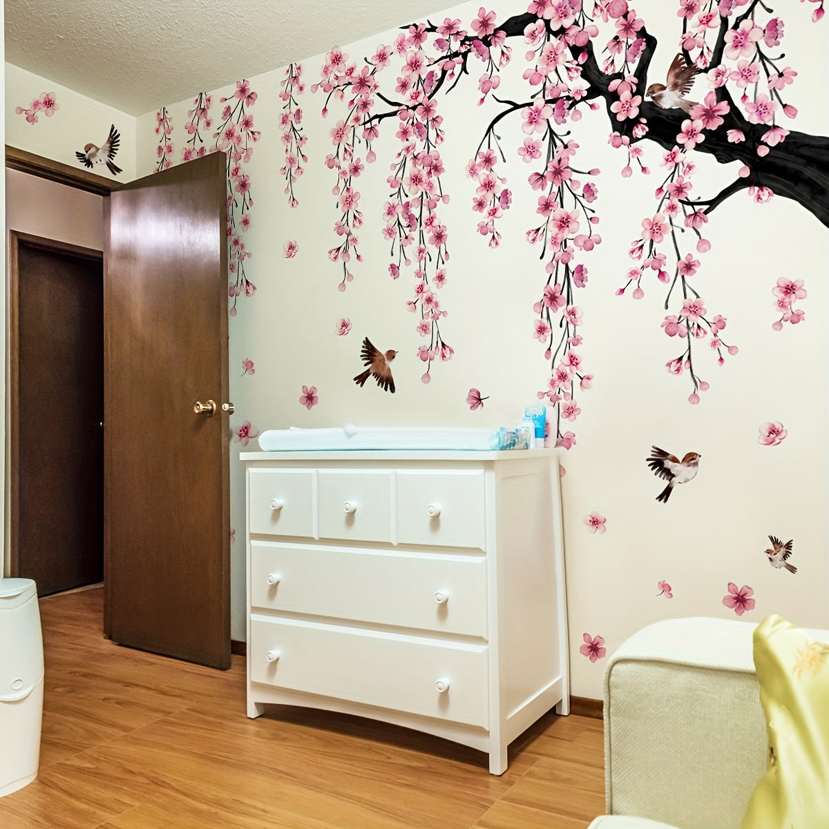 Juego de 4 calcomanías de pared de árboles de flor de durazno rosa para sala de estar, dormitorio, baño