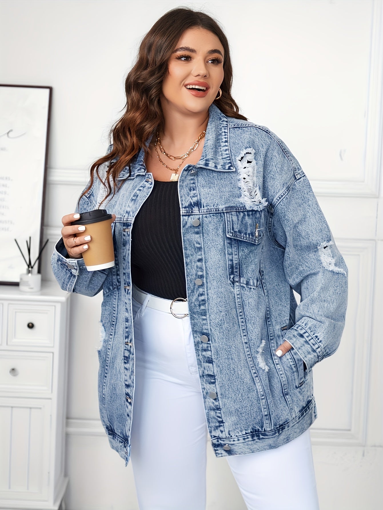 Plus Size Women's Denim Jacket Casual Long Sleeve Button-Up