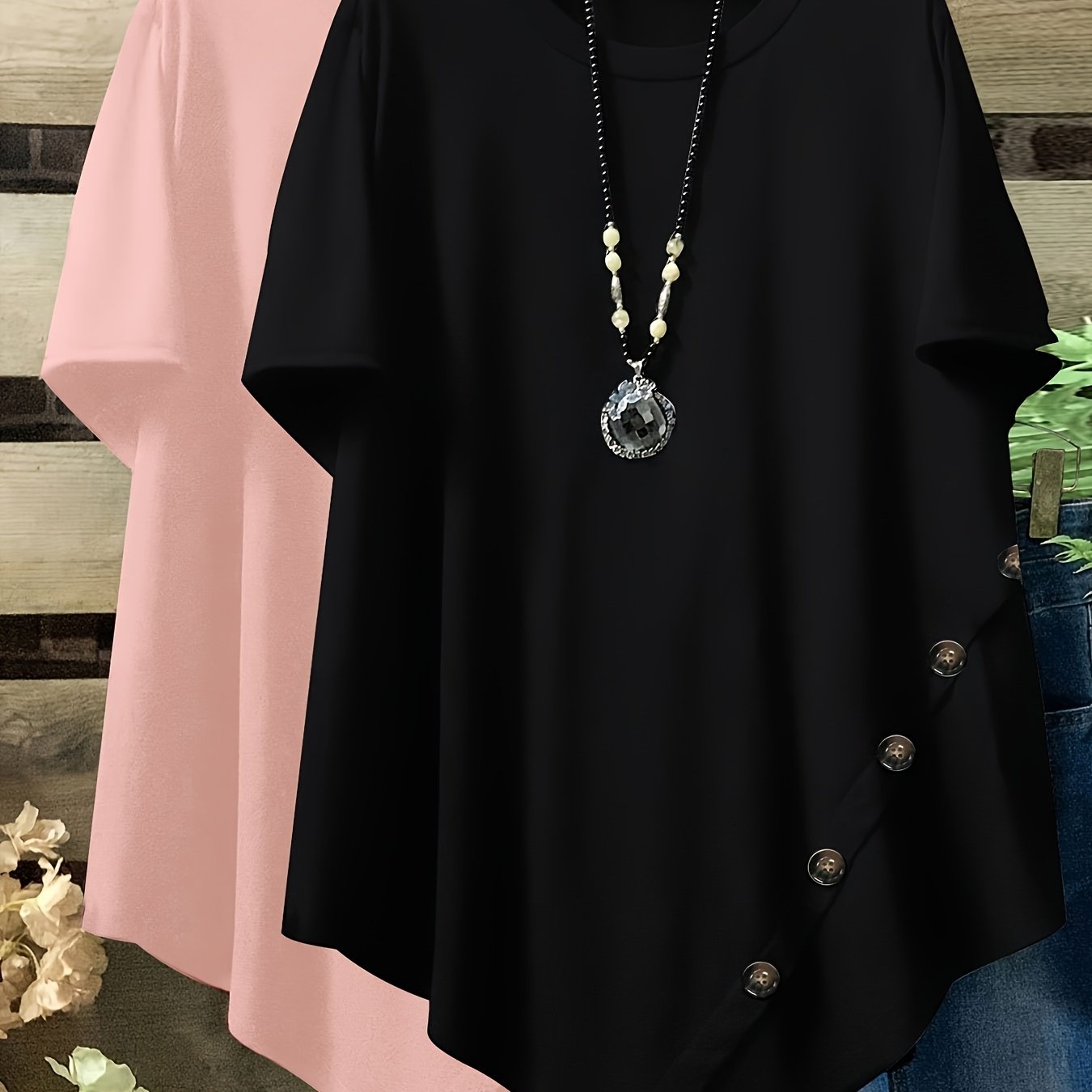 Plus Size Loose Fit Short Sleeve Casual T-Shirts with Button and Asym Hem