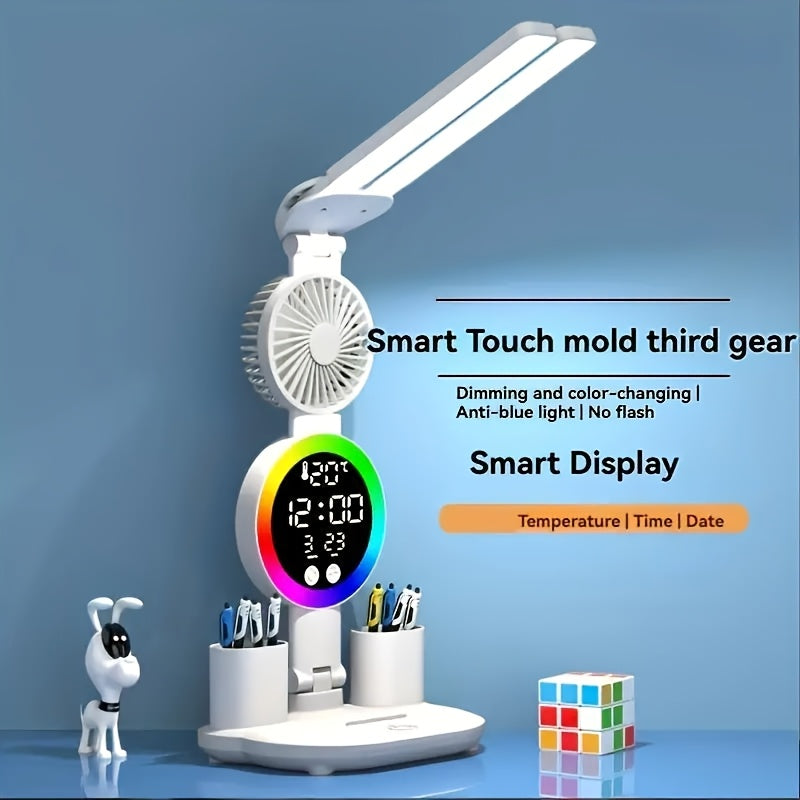 Lámpara de escritorio LED con control táctil, ventilador USB, luz de estudio para estudiantes, duradera, de PVC