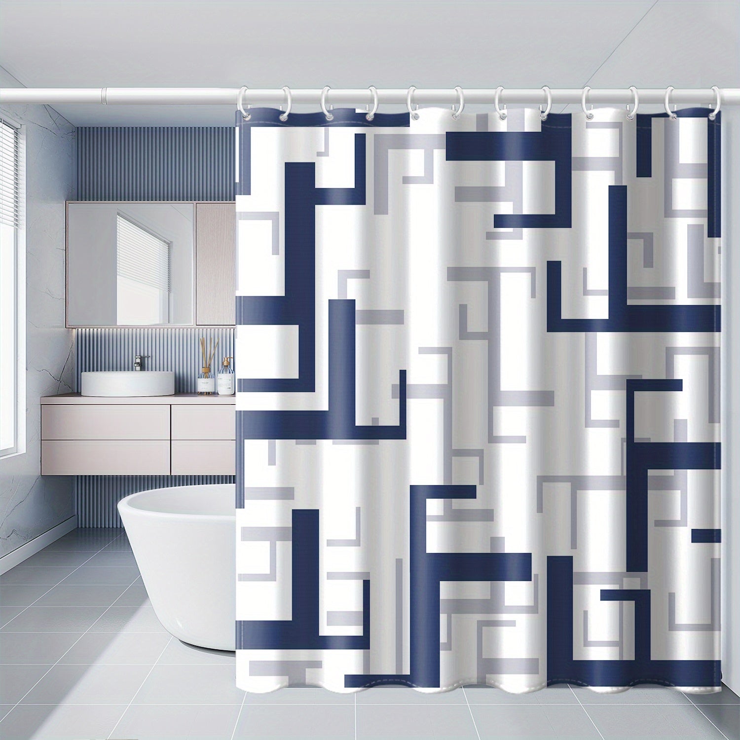 Синий геометрический занавес для душа с крючками, водонепроницаемый и стираемый в машине, идеален для окон и декора ванной.