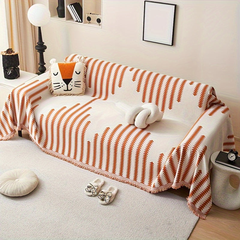 Chenille Sofa Cover with Tassel Style Anti-Pet Scratch All-Season Non-Slip Couch Protector for Home Decor