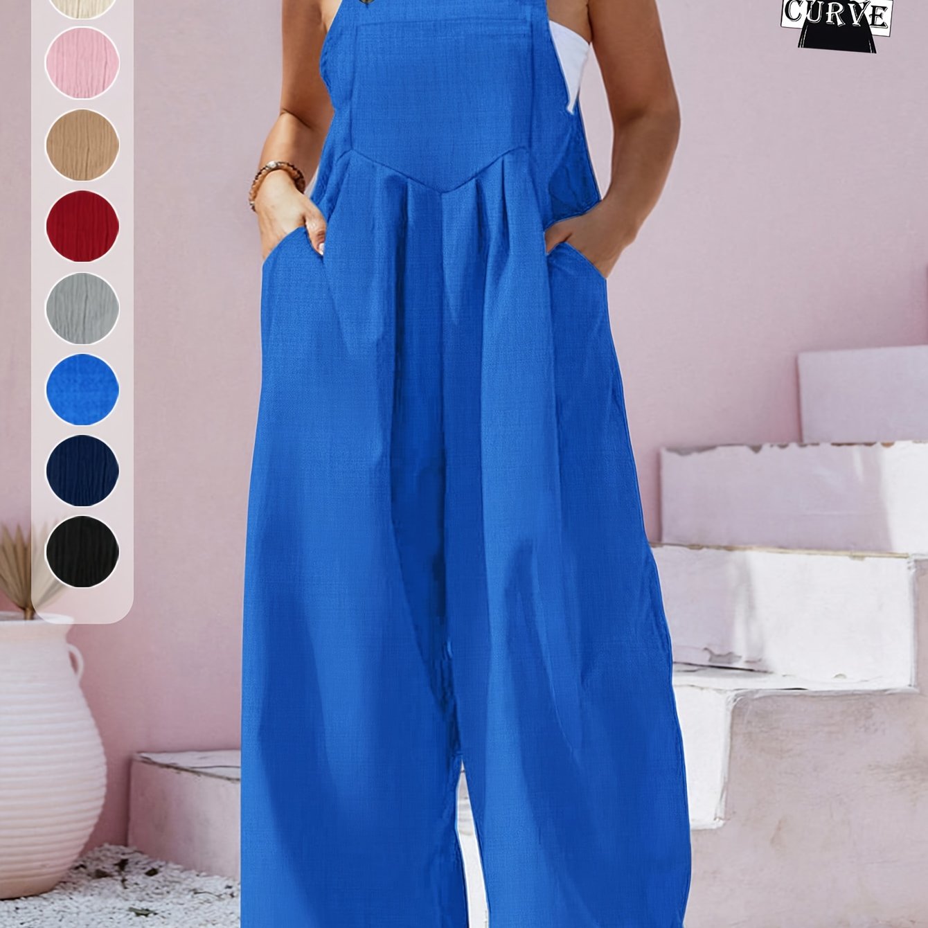 Women's Plus Size Black Strapless Jumpsuit with Button Front and Backless Design