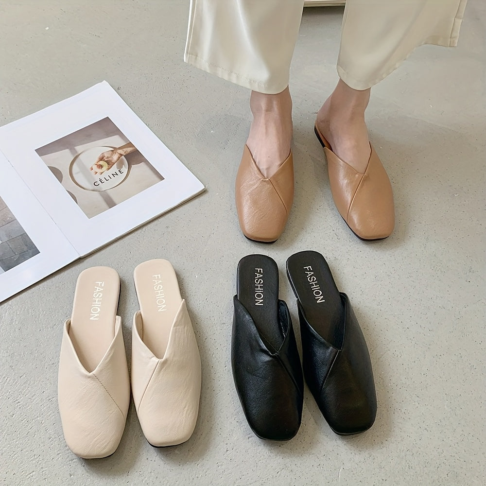Women's Solid Color Mules, Square-Toe Flat Shoes for Outdoor and Beach