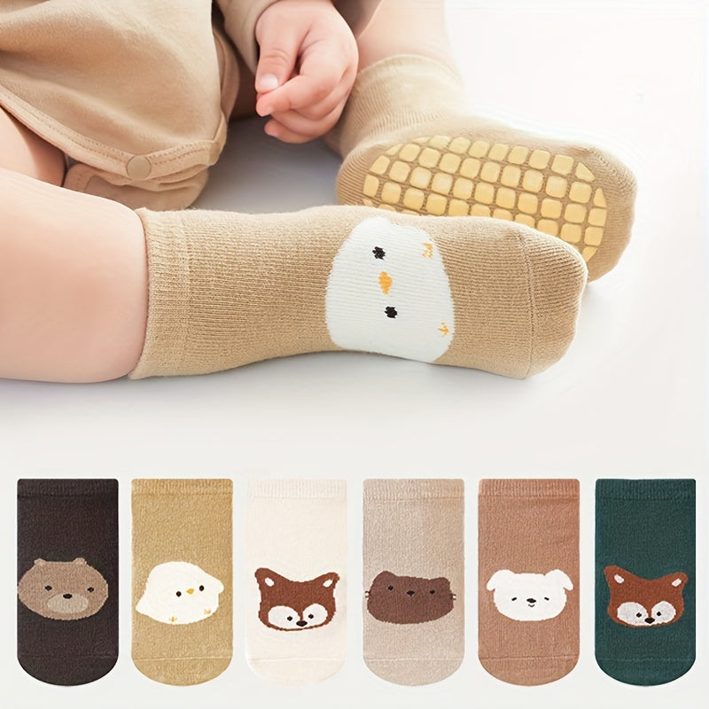 Toddler Cotton Socks 6 Pairs All-Season Anti-Skid Cute Cartoon Designs for Boys and Girls