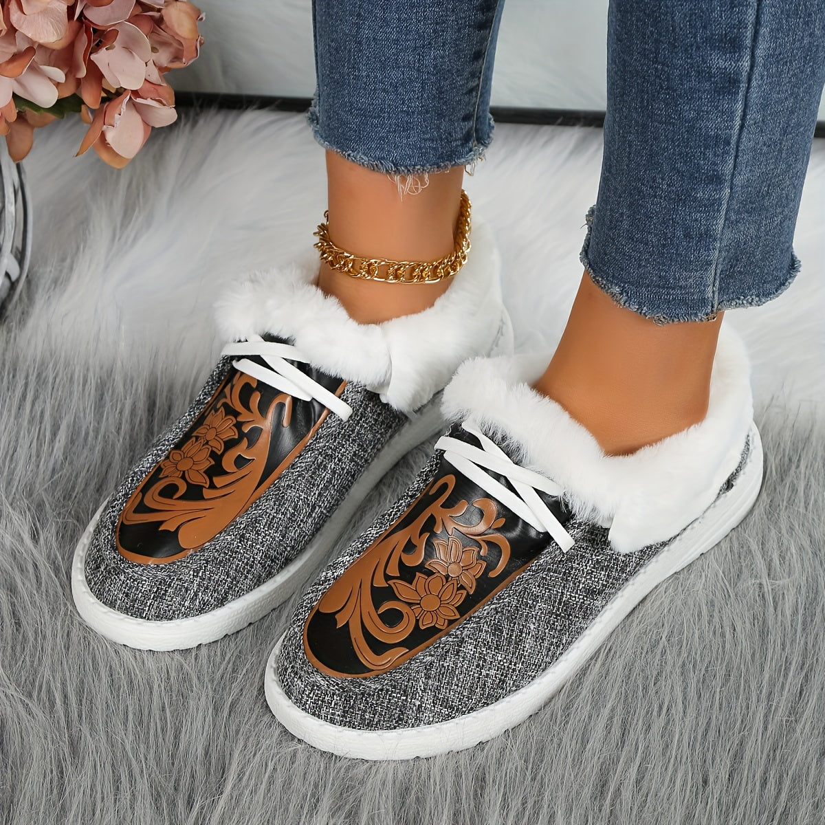 Ayollar uchun qorli botlar, mo'ynali ichki qismi, EVA taglik, sirpanishga qarshi, kulrang, qishki poyabzal