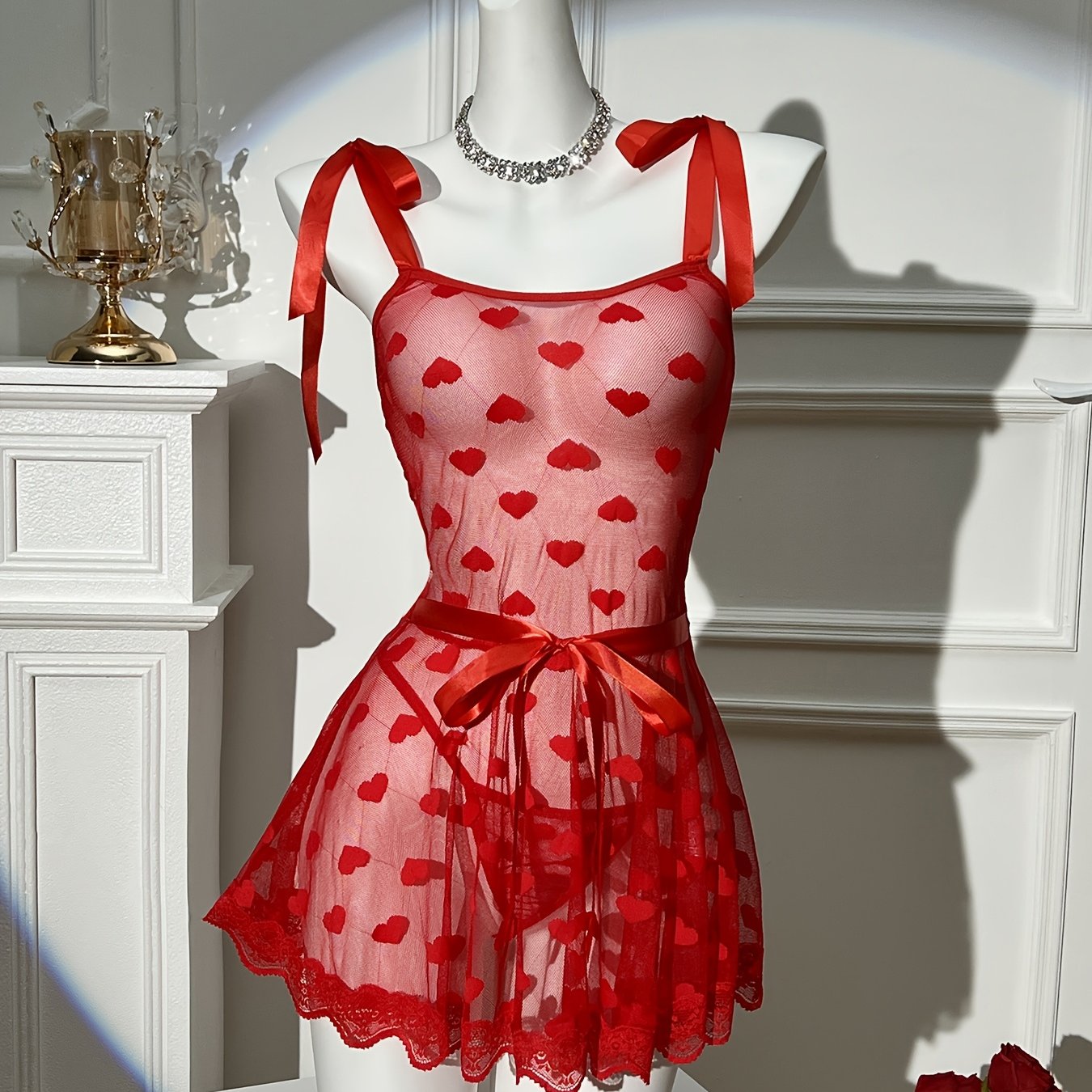 Комплект из красного сетчатого платья с thong