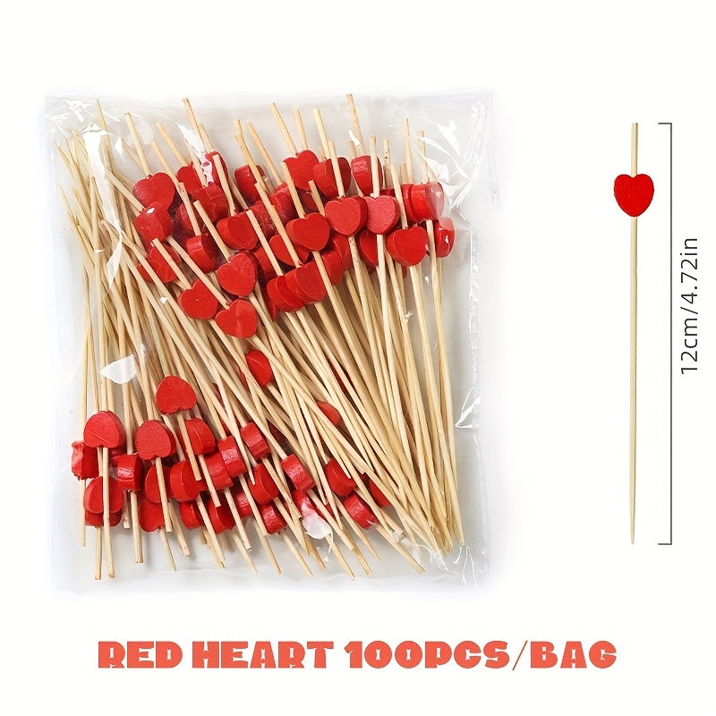100 Artistic Bamboo Fruit Picks with Love and Plum Blossom Designs Disposable Wooden Cocktail Decorations