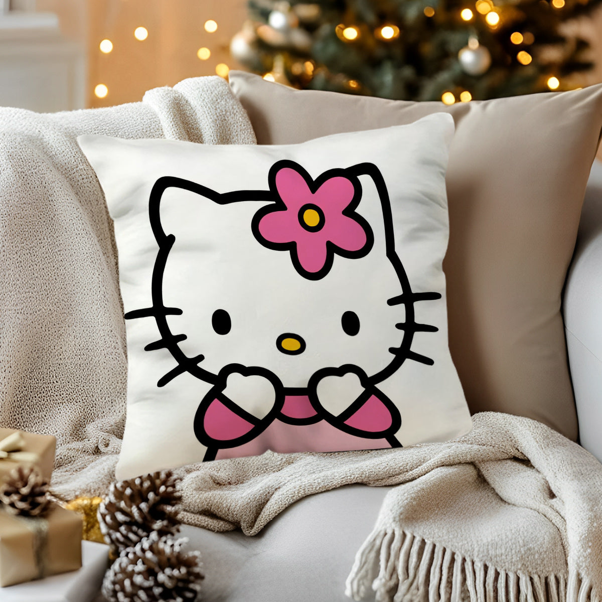 Sanrio Hello Kitty Plush Pillow Cover o'lchami 45.72x45.72 sm - Yumshoq qisqa jun bilan jozibador multfilm dizayni. Bir tomonlama bosma. Qopqoq ichki qismi kiritilmagan. Sevgi kuni yoki Rojdestvo uchun ajoyib sovg'a, uy bezatish, yotoqxona uchun mukammal.