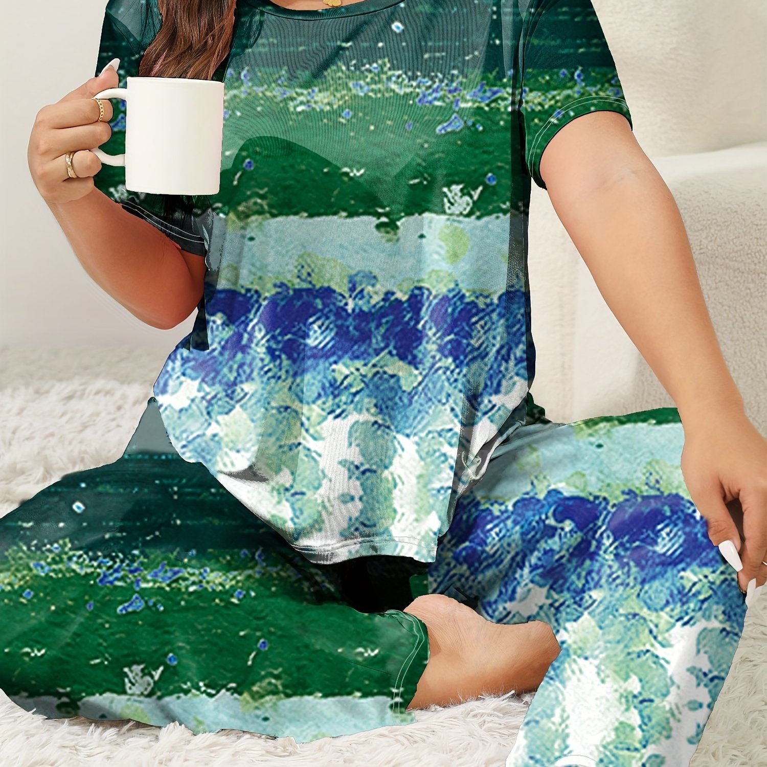 Women's Plus Size Lounge Pajama Set Short Sleeve Crew Neck Painting Print