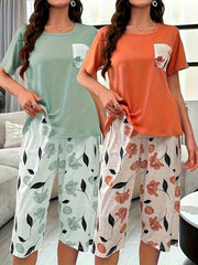 Women's Pajama Set Short Sleeve Floral Print Cozy Polyester Blend