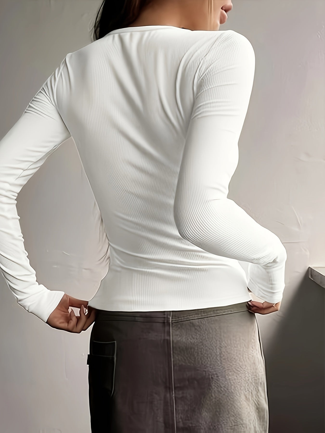 Women's Y2K Style High Stretch Long Sleeve T-Shirt with Button Collar Casual Top