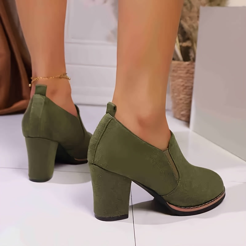 Women's Navy Blue Block Heel Loafers Casual Round Toe Mid-Heel All-Season Shoes