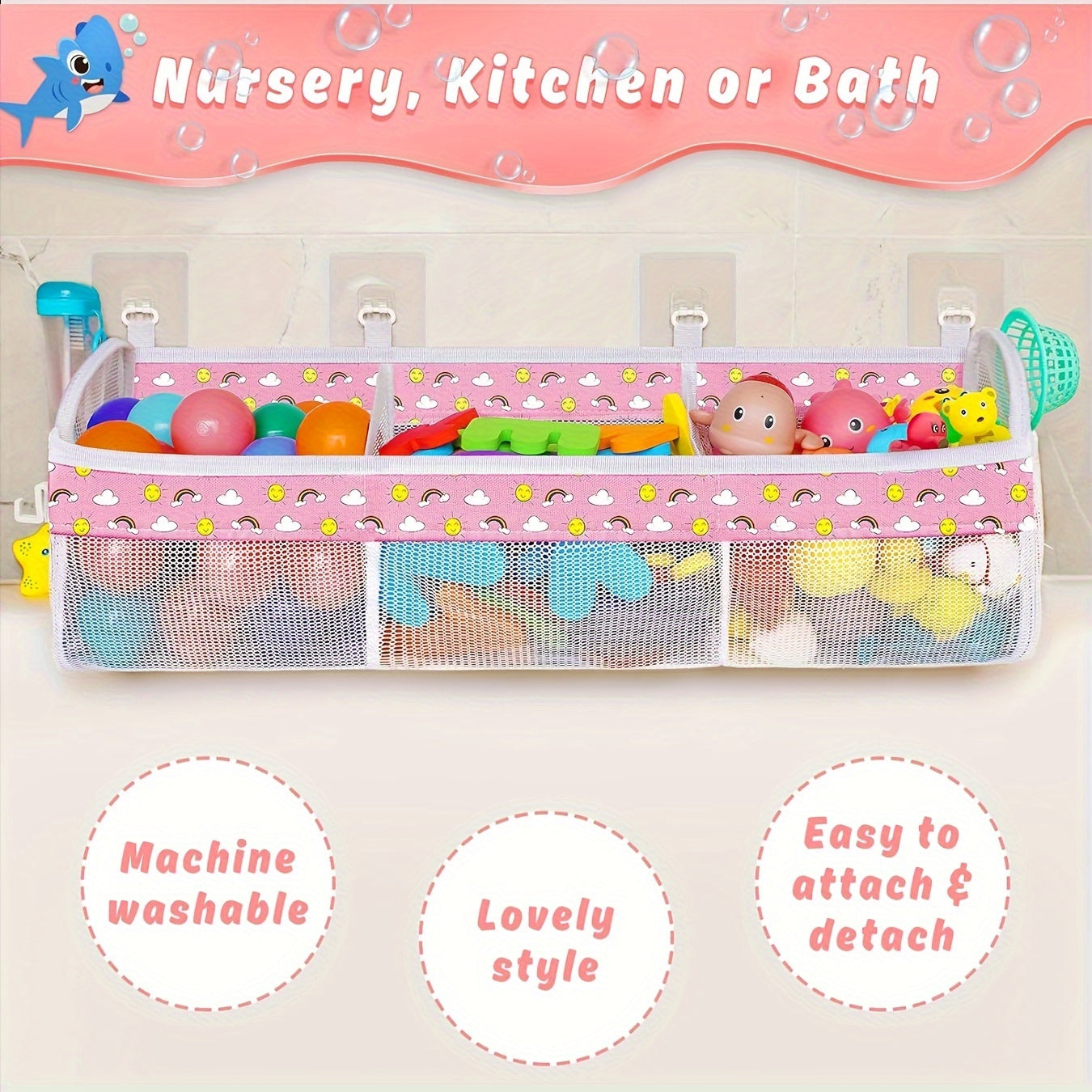 Large Capacity Mesh Bath Toy Organizer Wall Mount Storage Bag for Bathroom Kids