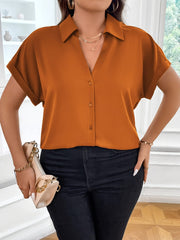 Plus Size Women's Solid Collared Blouse with Short Sleeves and Button Closure