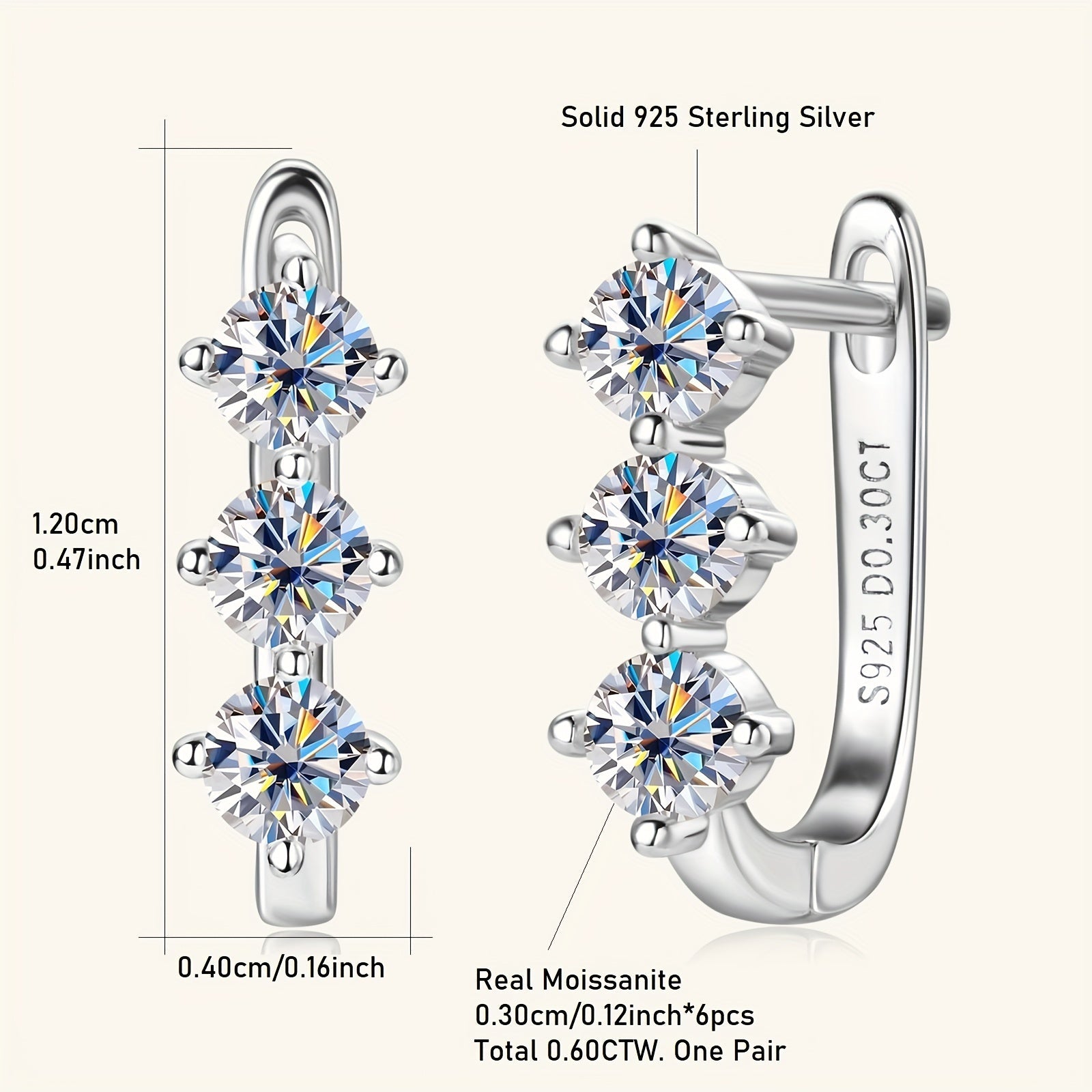 Sterling Silver Women's Hoop Earrings with Moissanite Stones 3mm 0.3ct