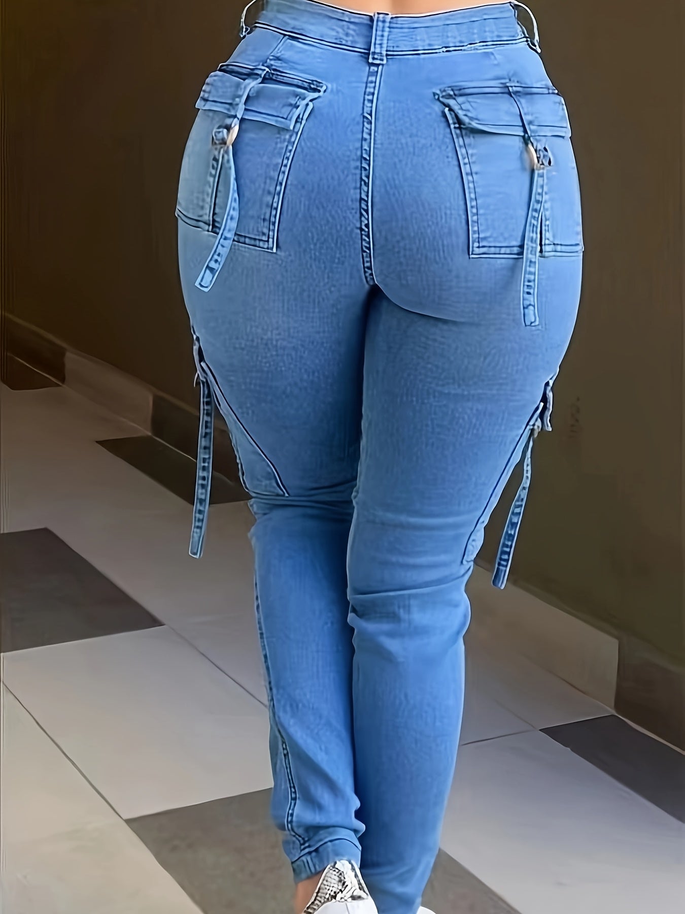 Jeans vaqueros ajustados de talla grande para mujer con alto estiramiento y piernas cortas