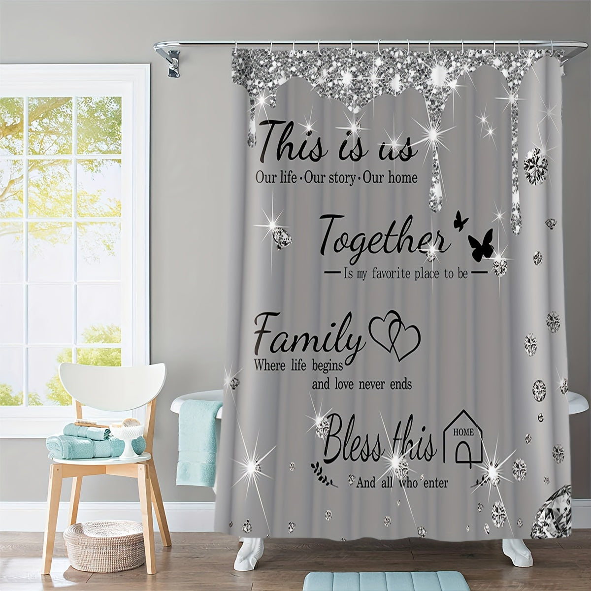 Set of 4 Gray Shower Curtains with Diamond Letter Print Bath Mats Non-Slip Carpet Toilet Lid Cover Bathtub Partition