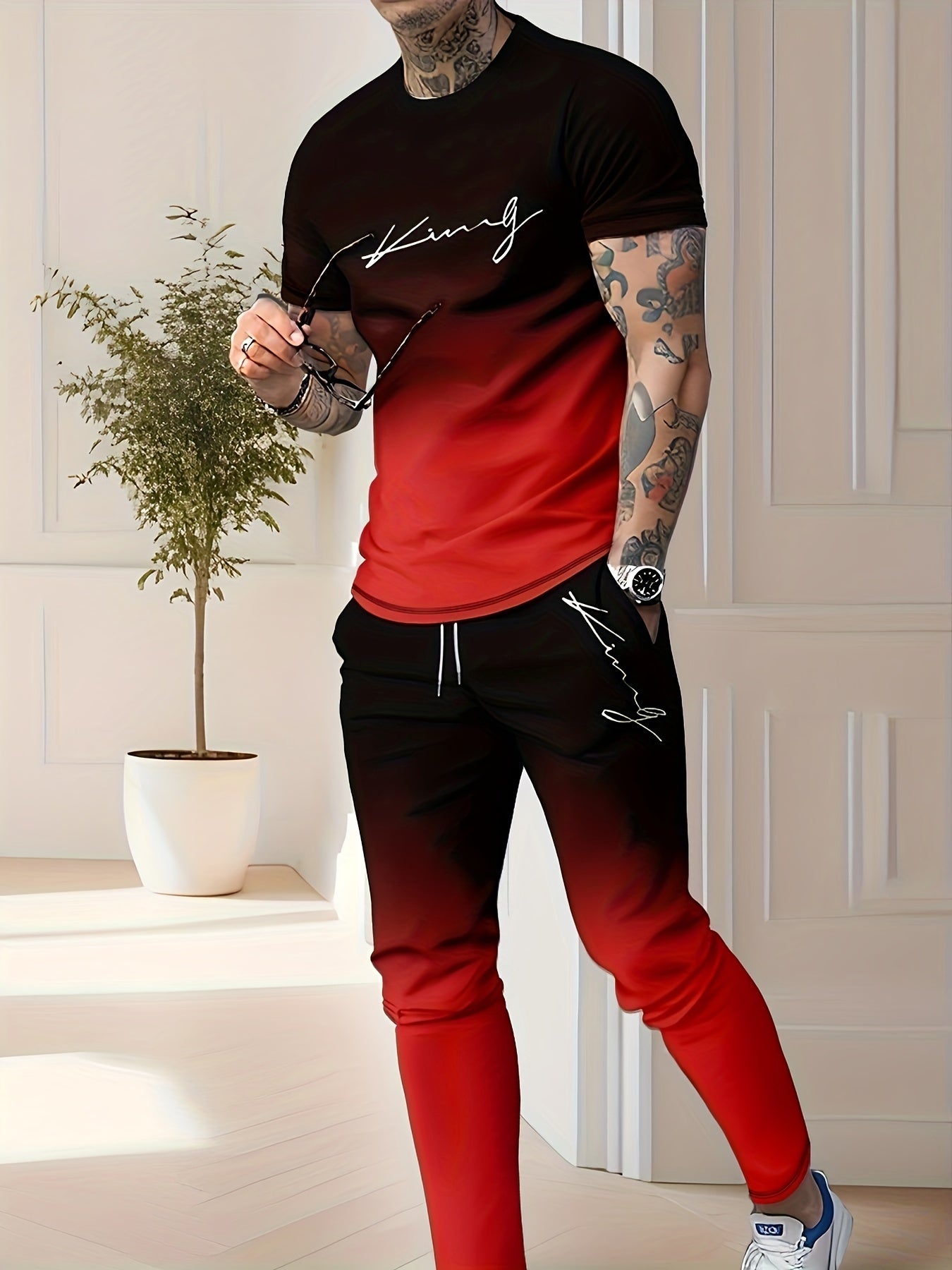 Men's Casual 3D Printed Sports Two Piece Set Polyester Geometric Pattern