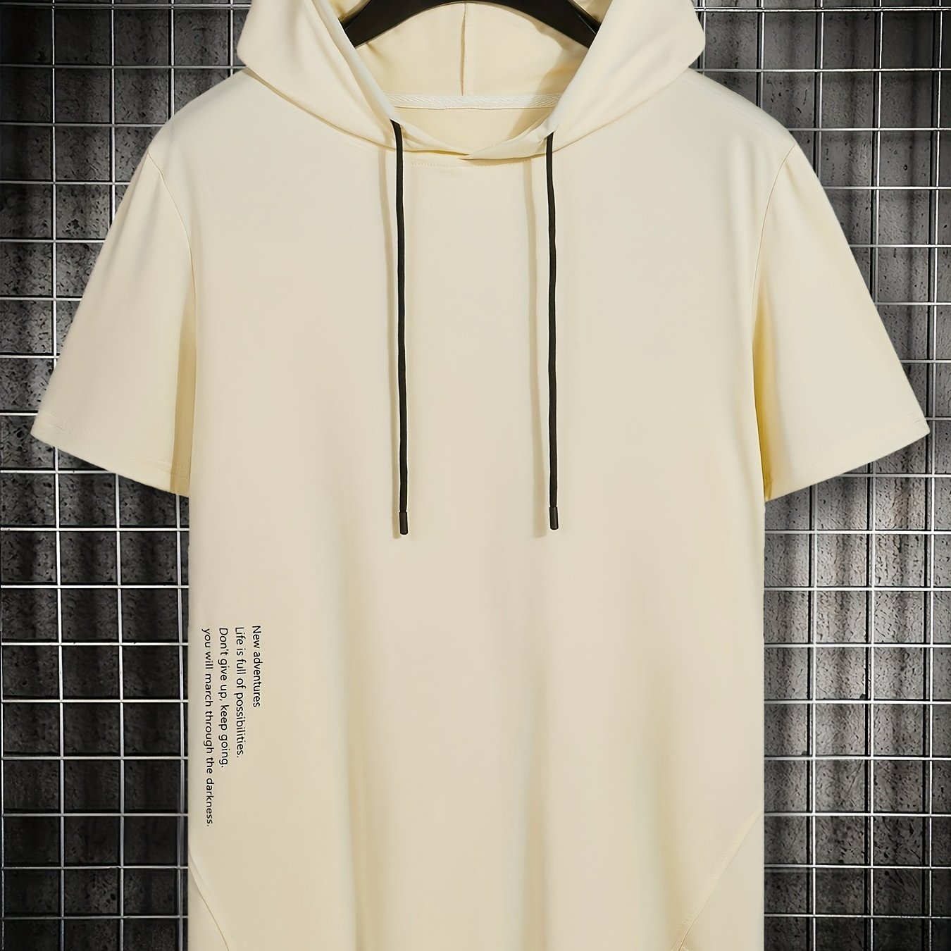 Men's Summer Casual Hooded T-Shirt with Asymmetrical Alphabet Print Short Sleeve Knit Fabric