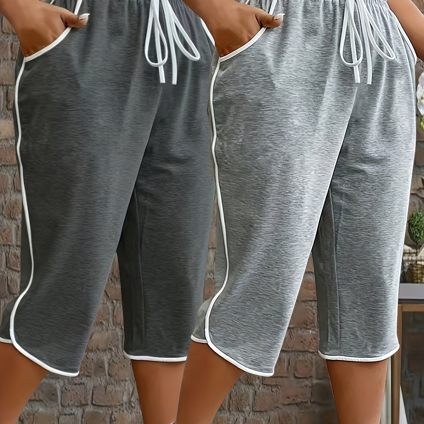 Plus Size Women's Solid Color Capri Pants 2-Pack Elastic Blend Casual Cropped