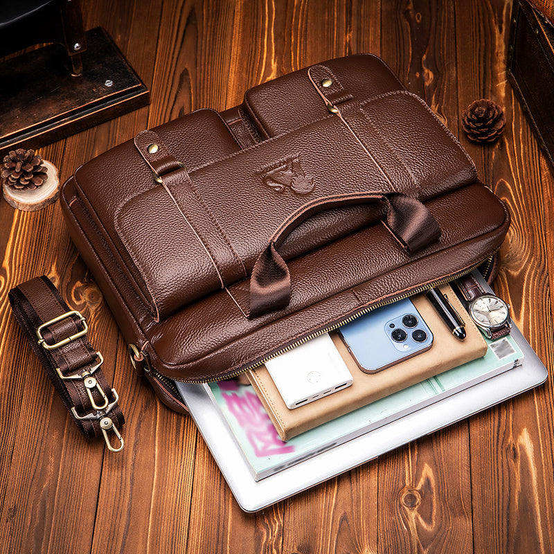 Men's Leather Briefcase with Multiple Compartments and Adjustable Shoulder Strap Coffee