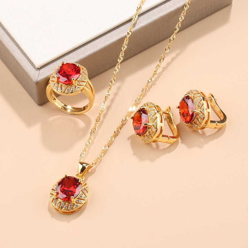 4-Piece Gold Plated Jewelry Set with Necklace Earrings and Rings for Weddings and Daily Wear