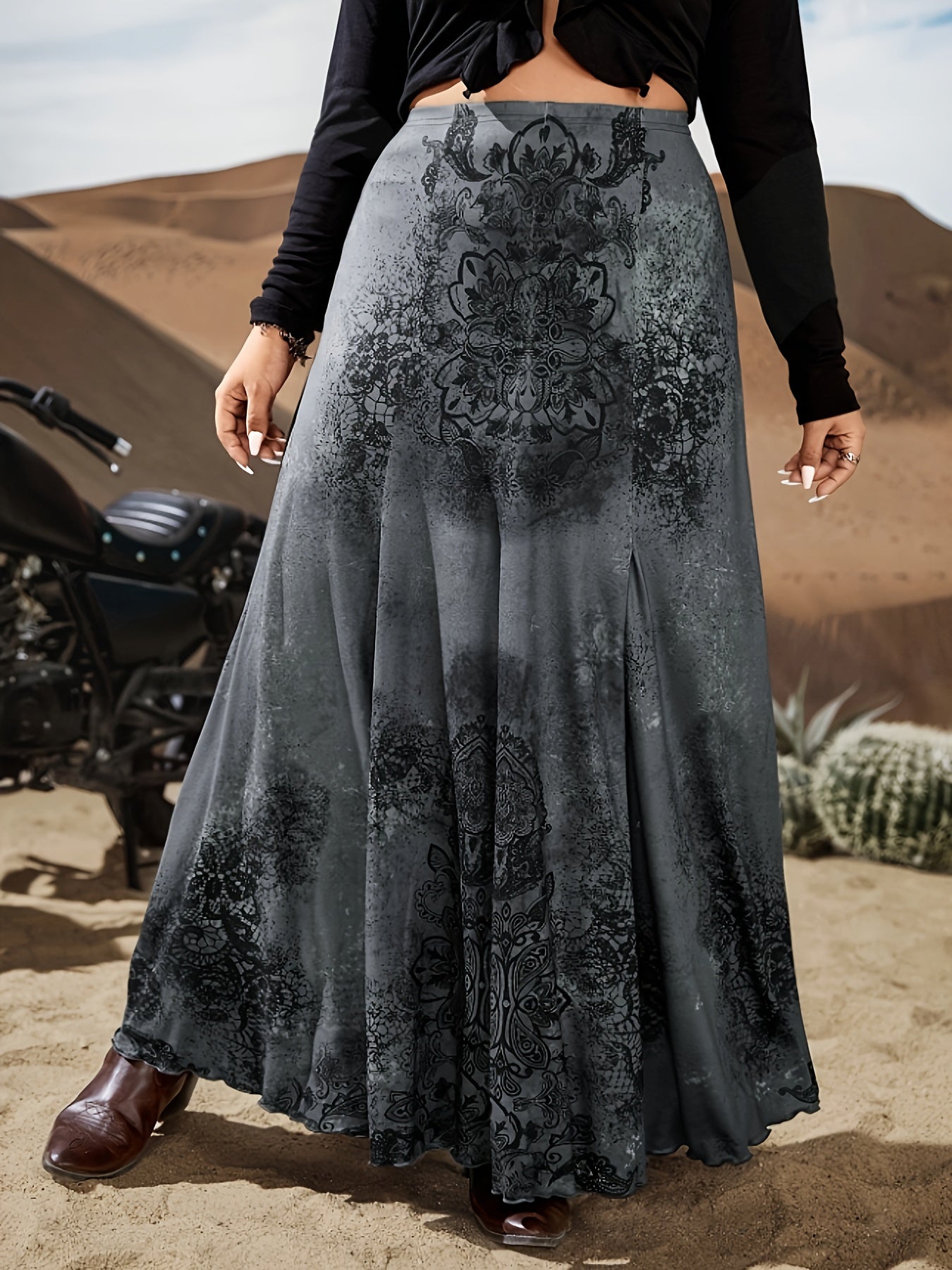 Plus Size Floral Print Flared Skirt Women Lightweight Casual Dressy Midi