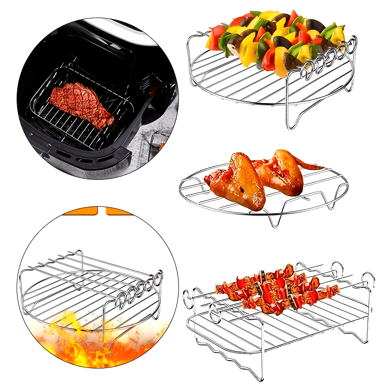 Stainless Steel Air Fryer Accessory Set Double-Tier Rack with Skewers for Grilling and Cooking