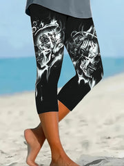 Women's High-Waisted Yoga Leggings with Skull and Floral Print Stretchy Non-See-Through