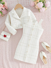 Girls Plaid Two-Piece Set with Collar Jacket and Suspender Dress for Formal and Party Wear