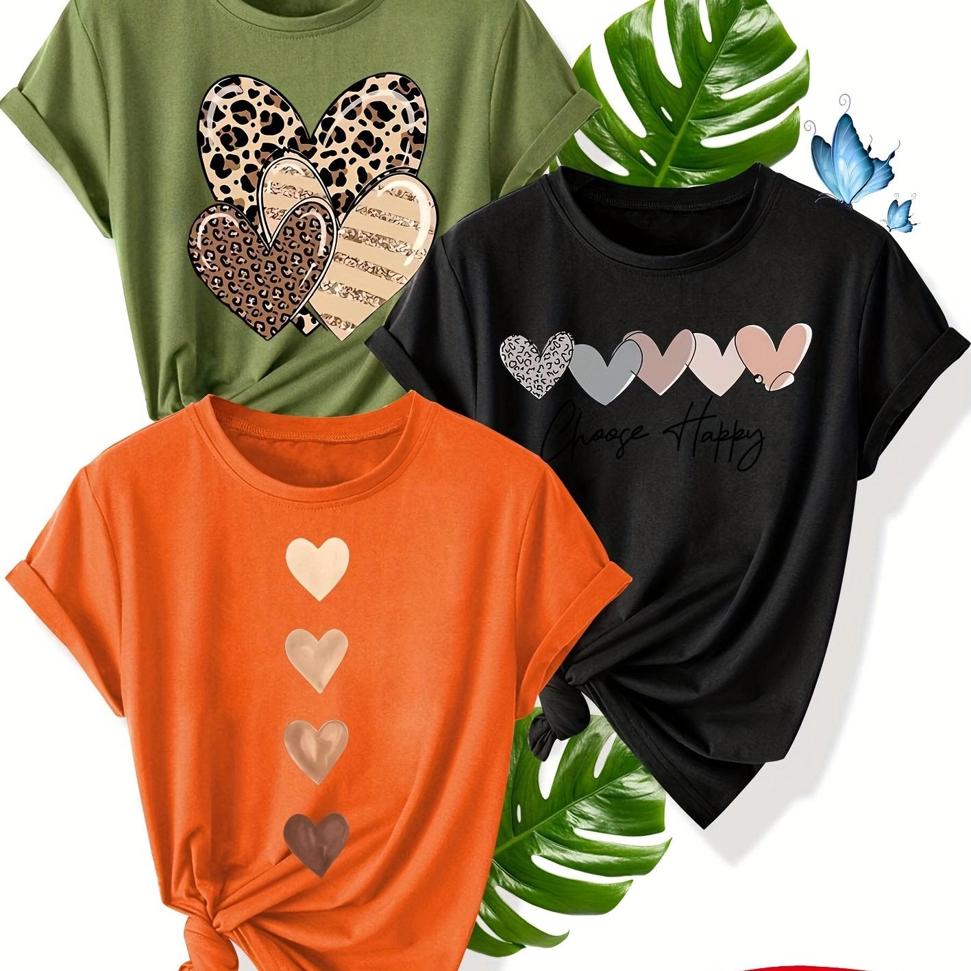 Women's Retro Heart Graphic Tees 3-Pack Short Sleeve Summer Cotton Blend