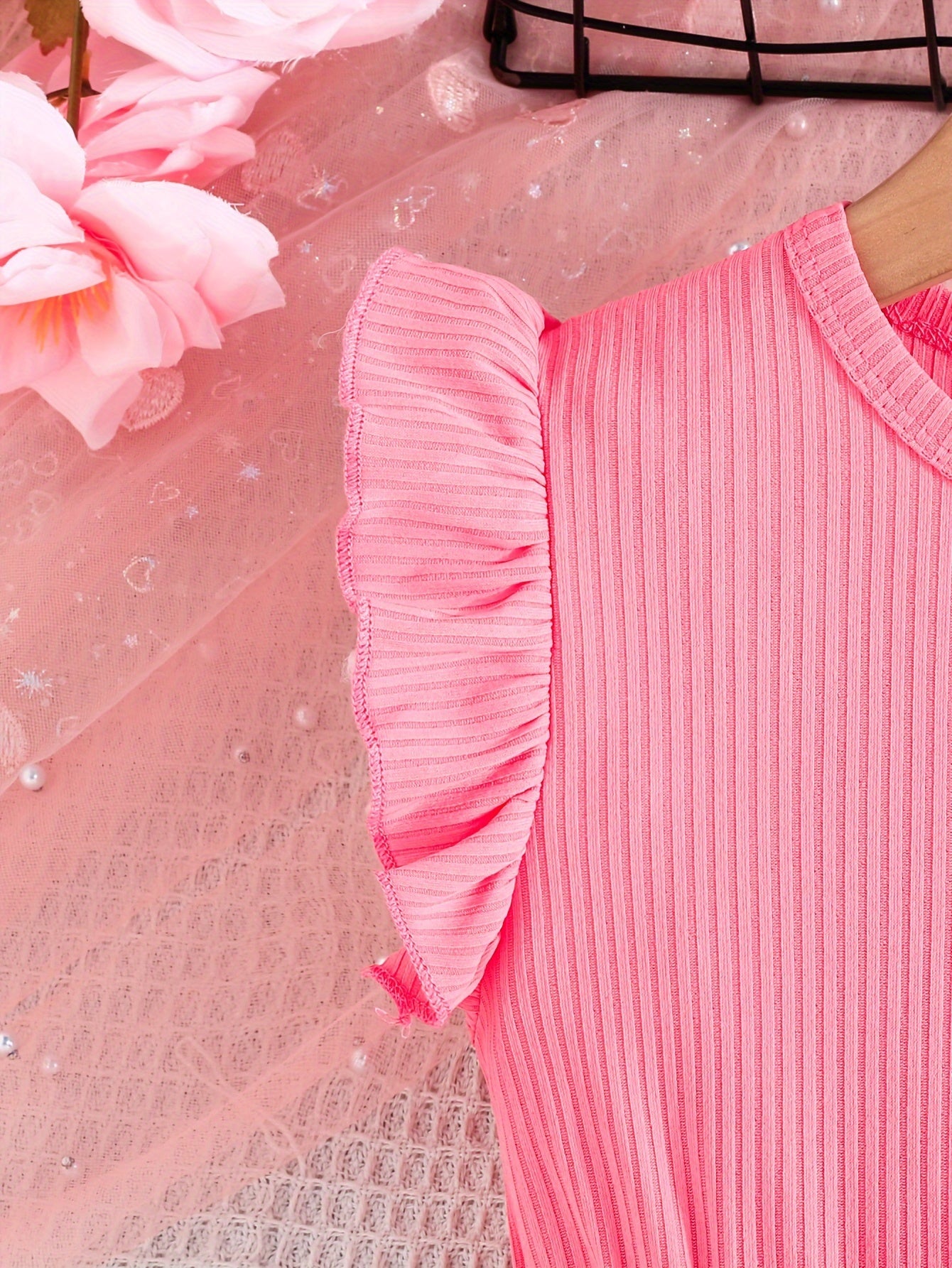 Girls Summer Butterfly Print Midi Dress Set with Belt and Ribbed Sleeves