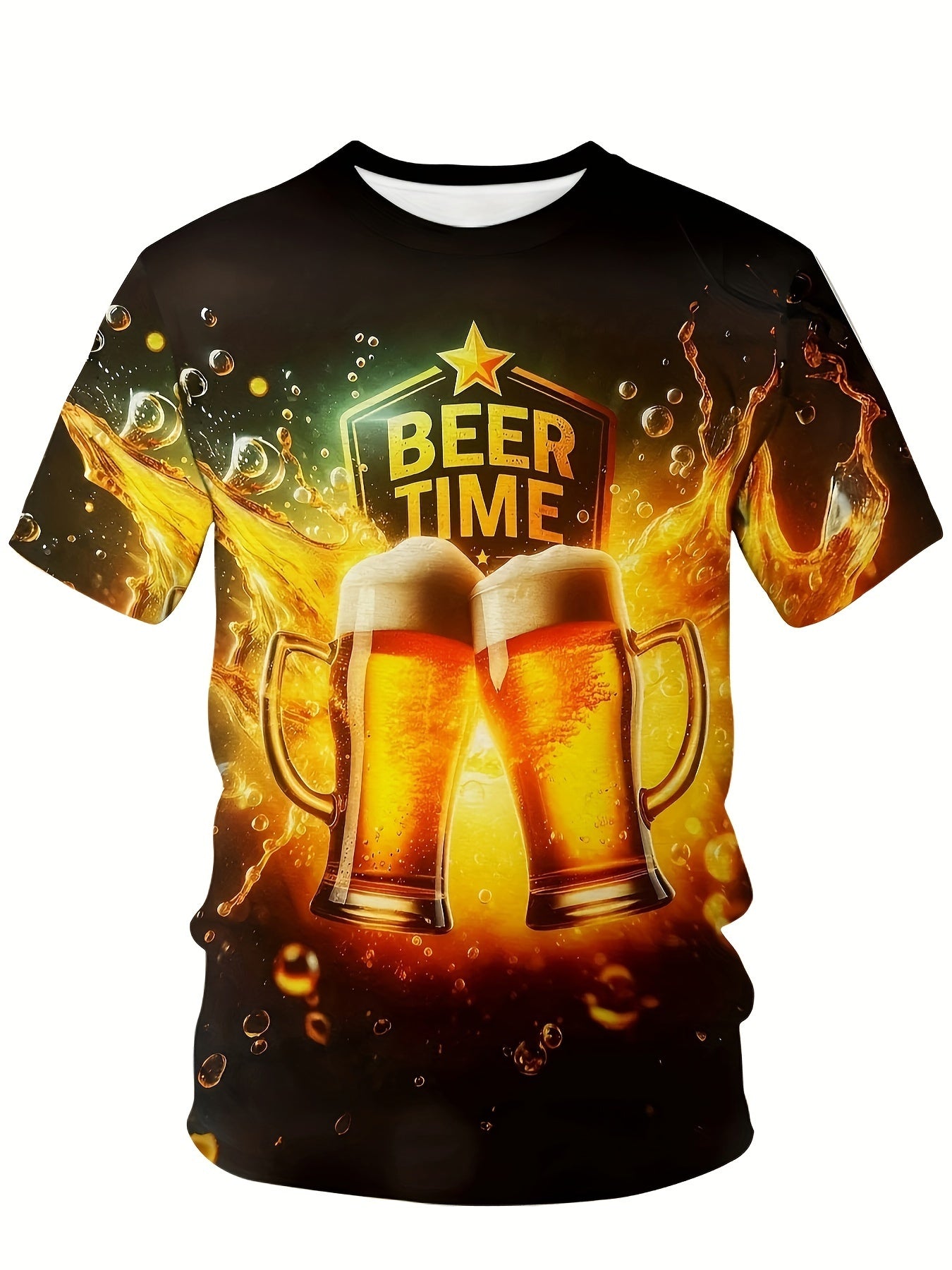 Camiseta gráfica de talla grande para hombre con diseño de cerveza y llama, mezcla de algodón, casual de manga corta