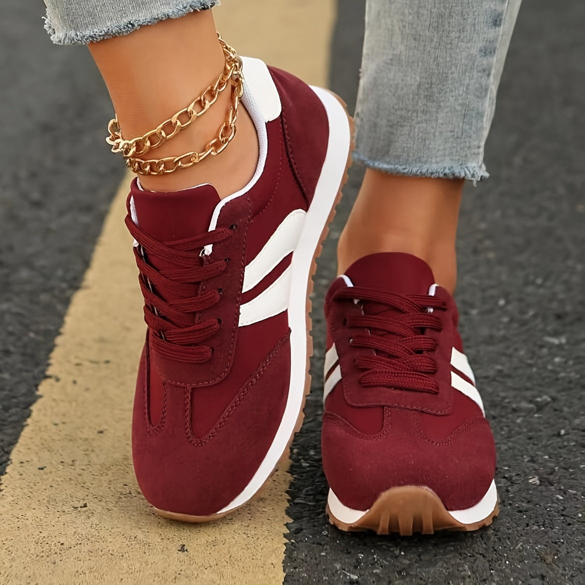 Women's Wine Red Casual Sneakers Non-Slip Lace-Up Round Toe All-Season