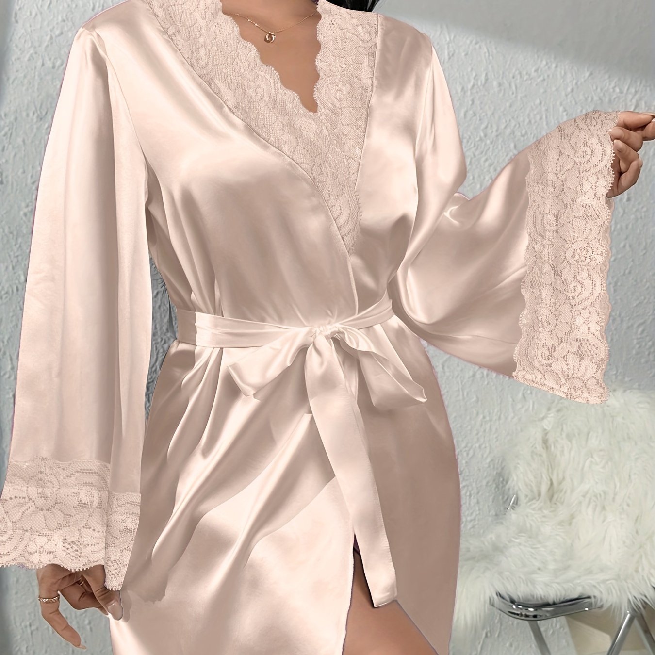 Plus Size Satin Sleep Robe with Lace Trim and Adjustable Waist Tie