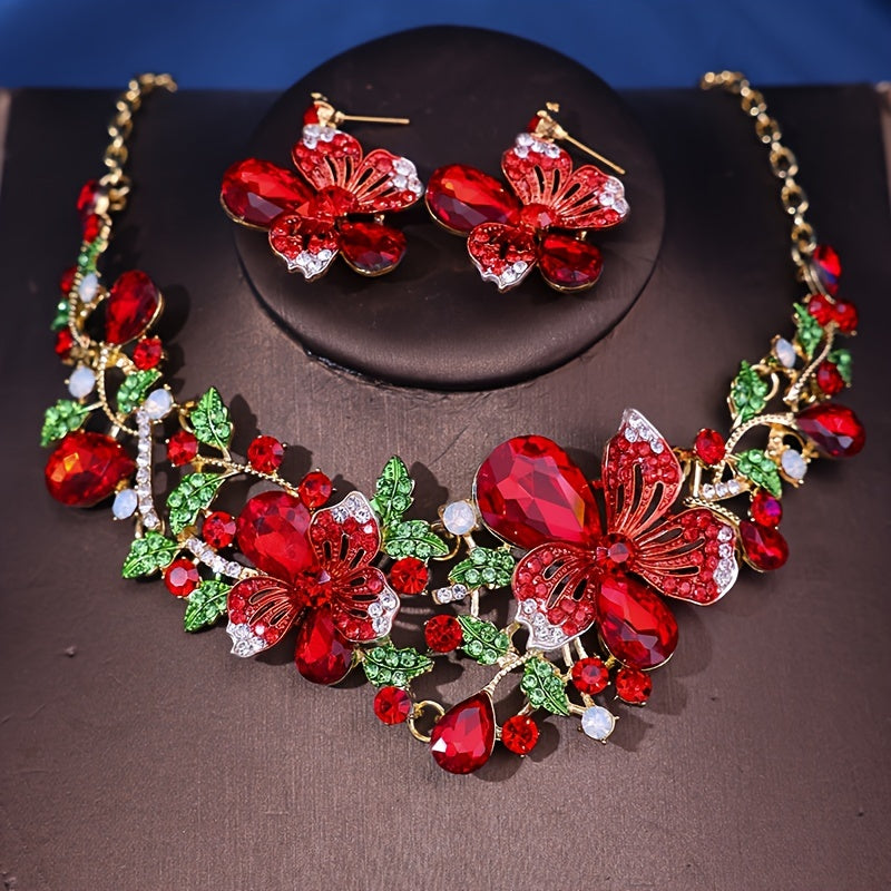 Romantic Flower Shaped Rhinestone Necklace and Earrings Set for Formal Dress